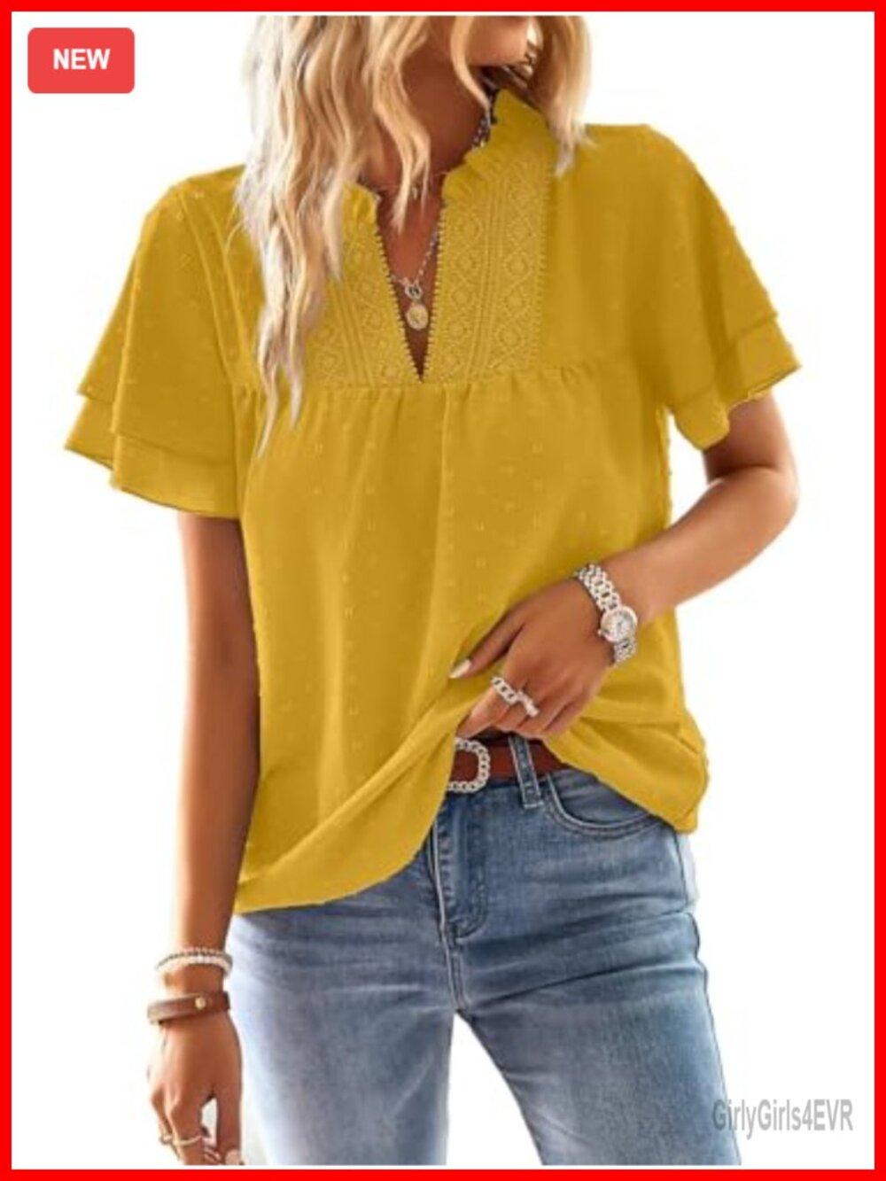 Womens V Neck Crochet Lace Blouse Short Sleeve Swiss Dot Top